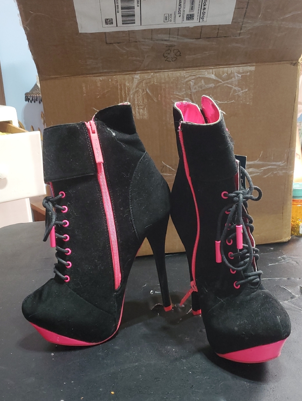 Black and Hot Pink Suede Lace-Up Platform Ankle Boots NEW